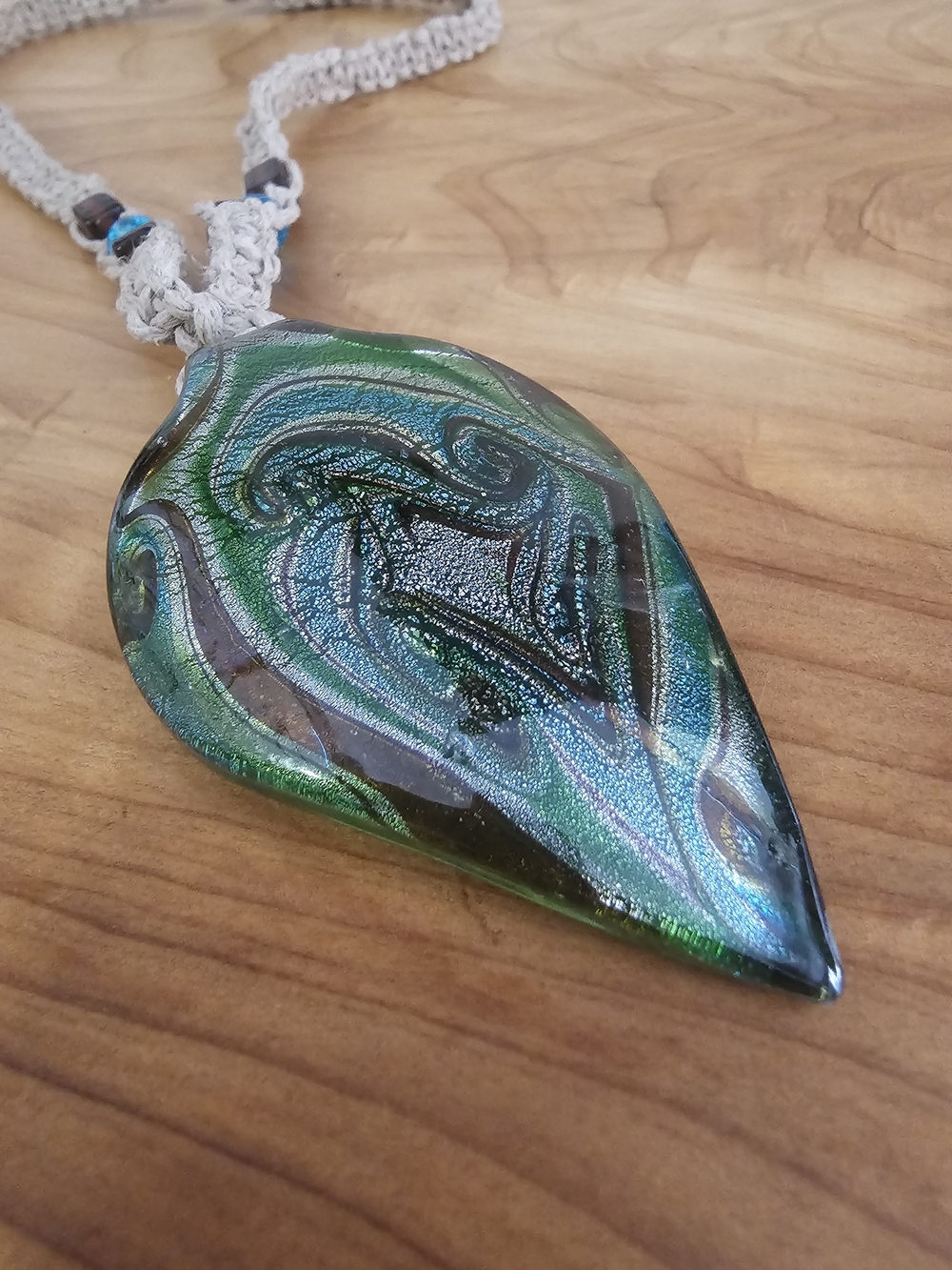 Blue-Green Glass Pendant Necklace with Macramé Cord - Picture 3 of 5